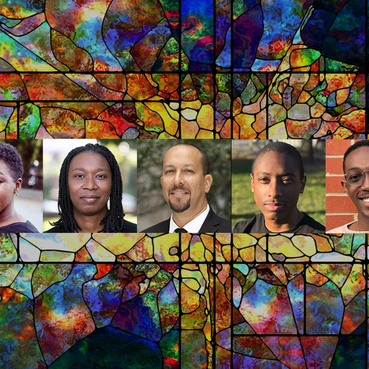 Religion and the History of Black Music participant headshots in front of stained glass.