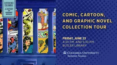 Cartoon Graphic with the words Comic, Cartoon, and Graphic Novel Collection Tour and Friday June 23, overlayed